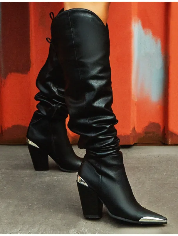 Honor Black Western Block Heeled Knee High Boots sold by Public Desire