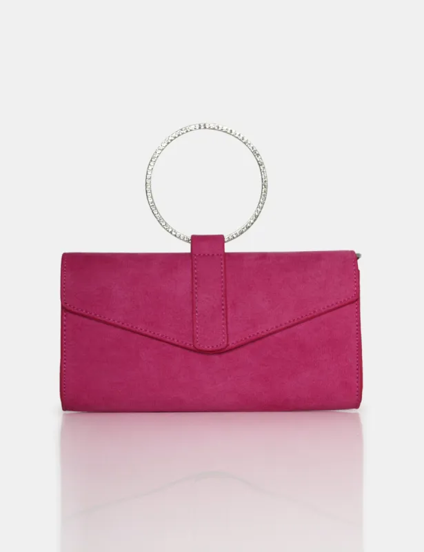 The Pammy Pink Suede Diamante Handle Envelope Clutch sold by Public Desire