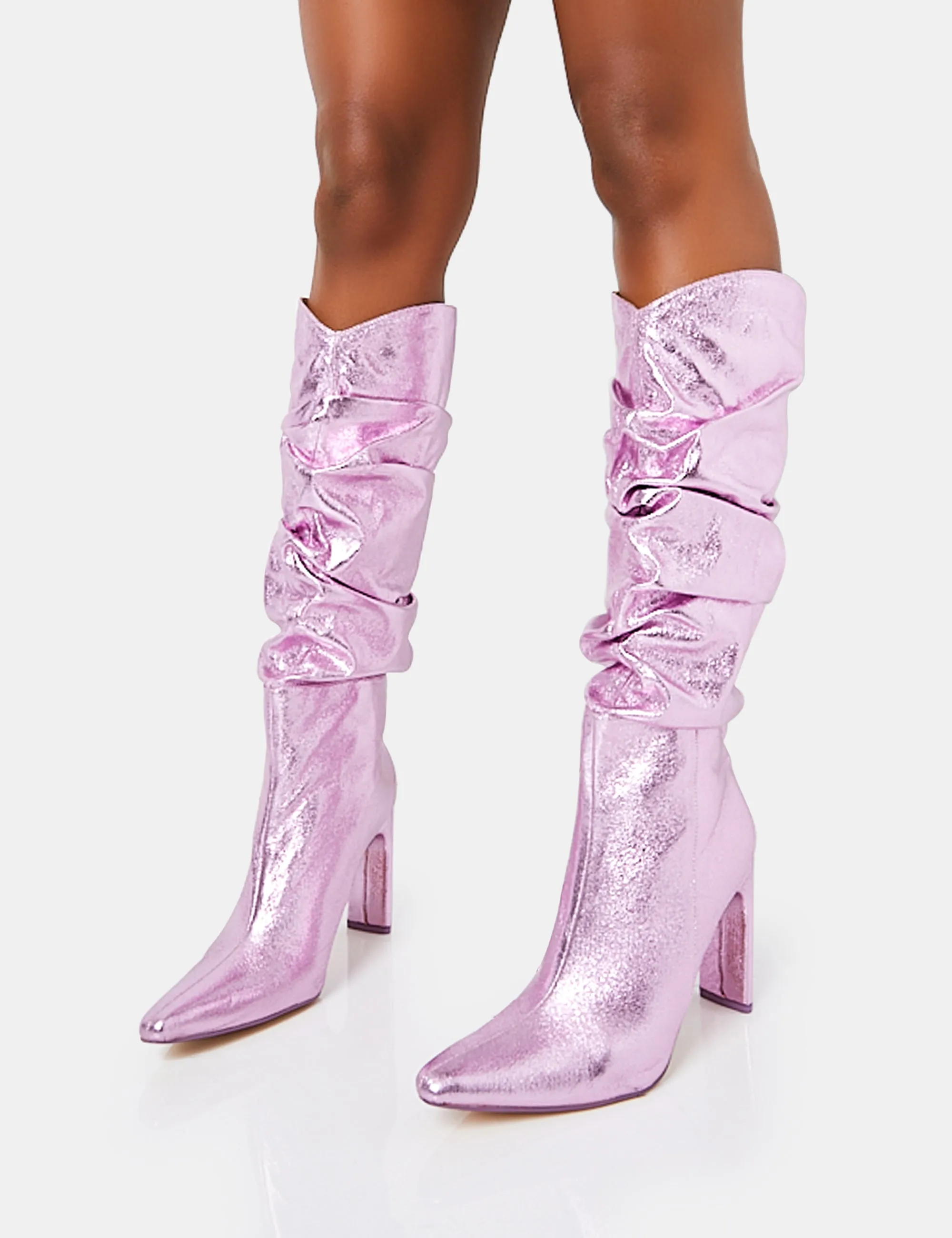 Manhattan Metallic Pink Pointed Toe Knee High Narrow Block Heel Boots sold by Public Desire product image thumbnail 3