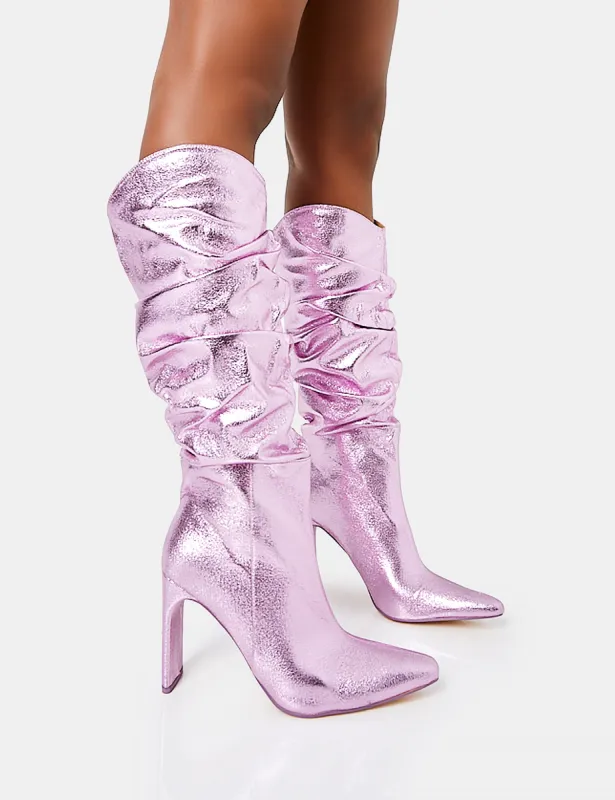 Manhattan Metallic Pink Pointed Toe Knee High Narrow Block Heel Boots sold by Public Desire