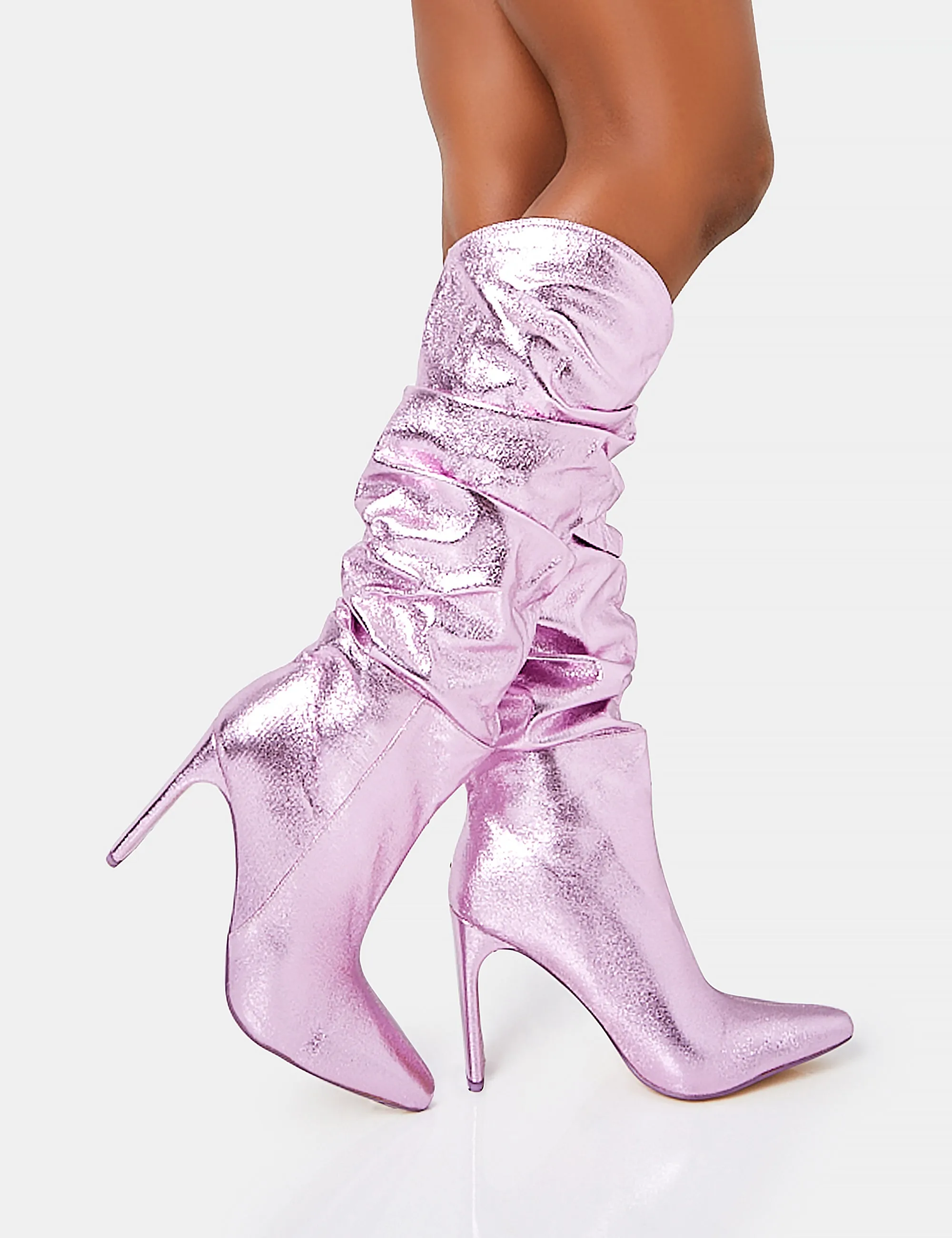 Manhattan Metallic Pink Pointed Toe Knee High Narrow Block Heel Boots sold by Public Desire product image thumbnail 2