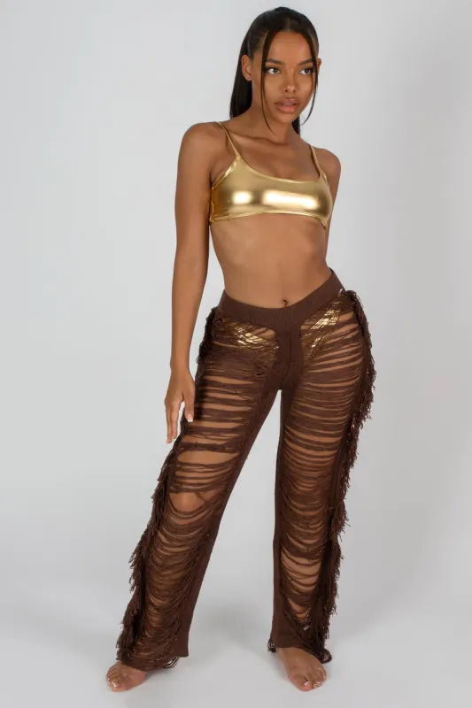 High Waist Extreme Laddered Frayed Straight Leg Knitted Trousers Brown sold by Public Desire