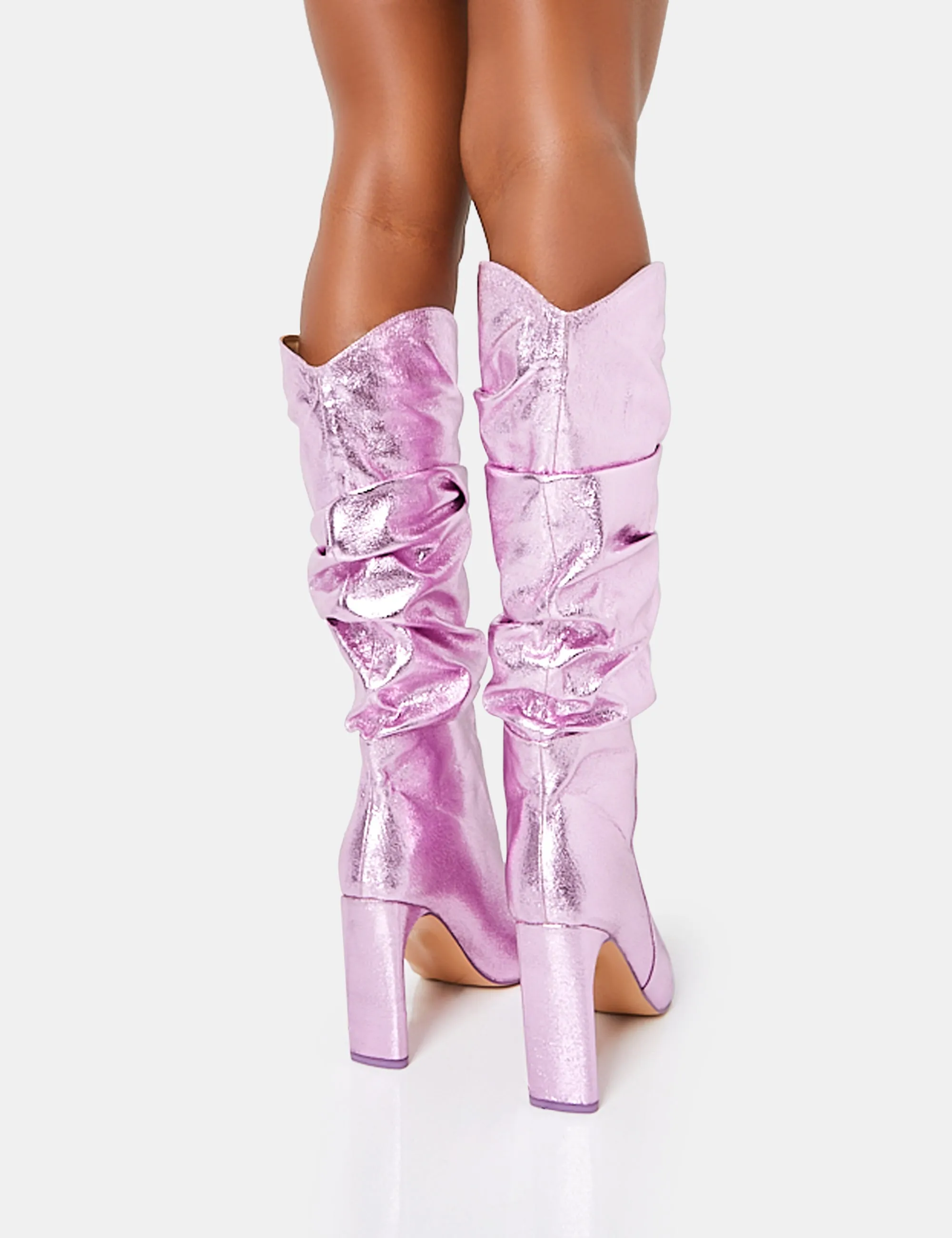Manhattan Metallic Pink Pointed Toe Knee High Narrow Block Heel Boots sold by Public Desire product image thumbnail 4