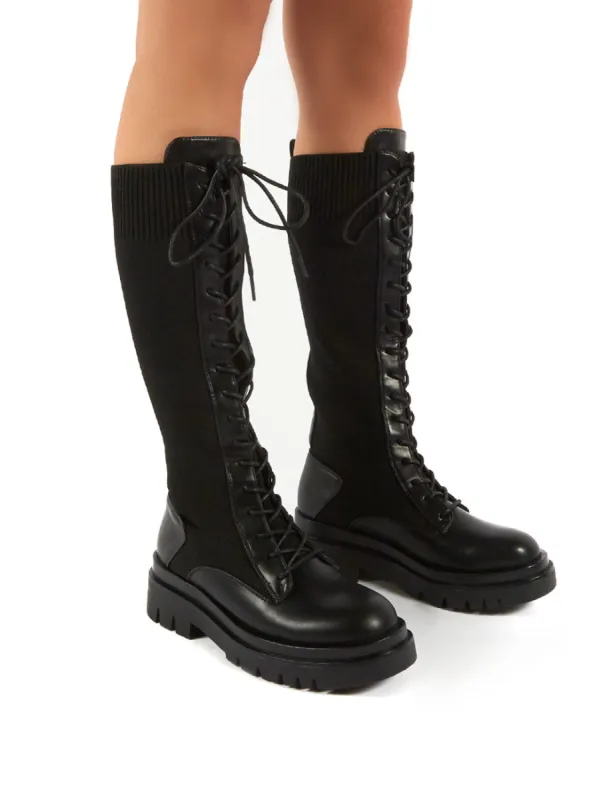 Embark Black Chunky Sole Knee High Lace Up Boots sold by Public Desire
