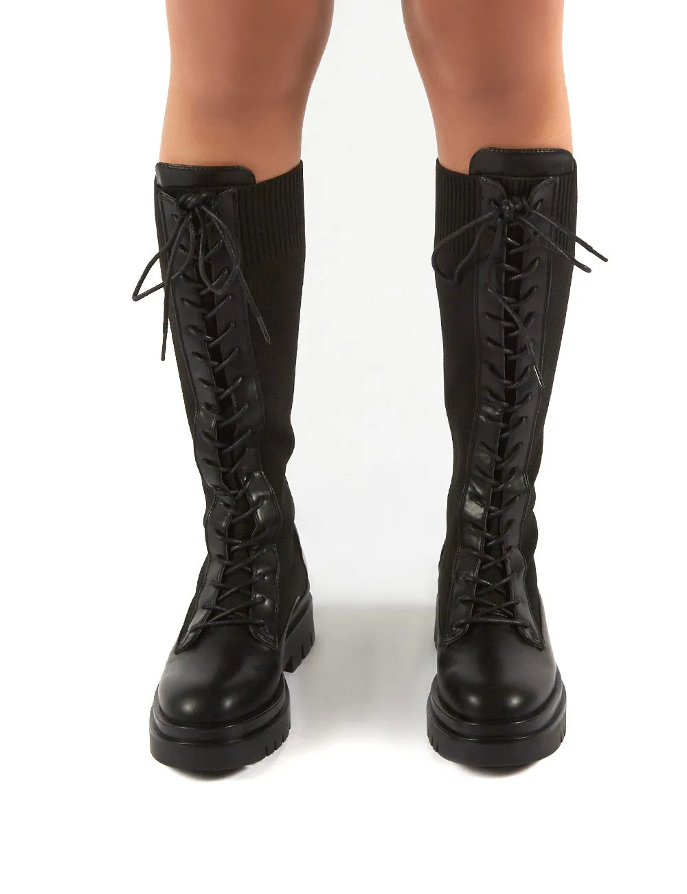 Embark Black Chunky Sole Knee High Lace Up Boots sold by Public Desire product image thumbnail 3