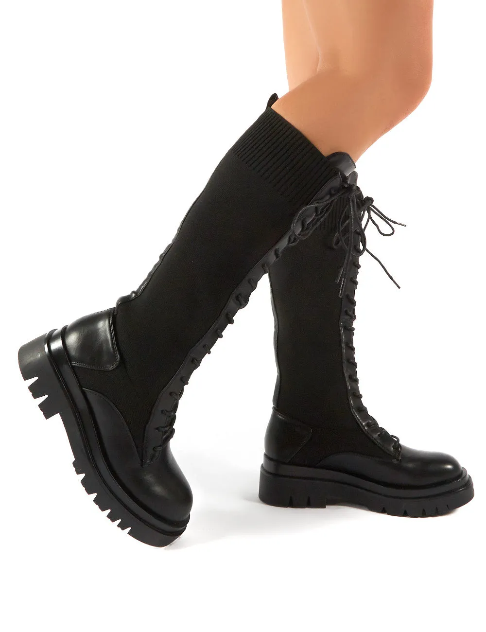 Embark Black Chunky Sole Knee High Lace Up Boots sold by Public Desire product image thumbnail 4