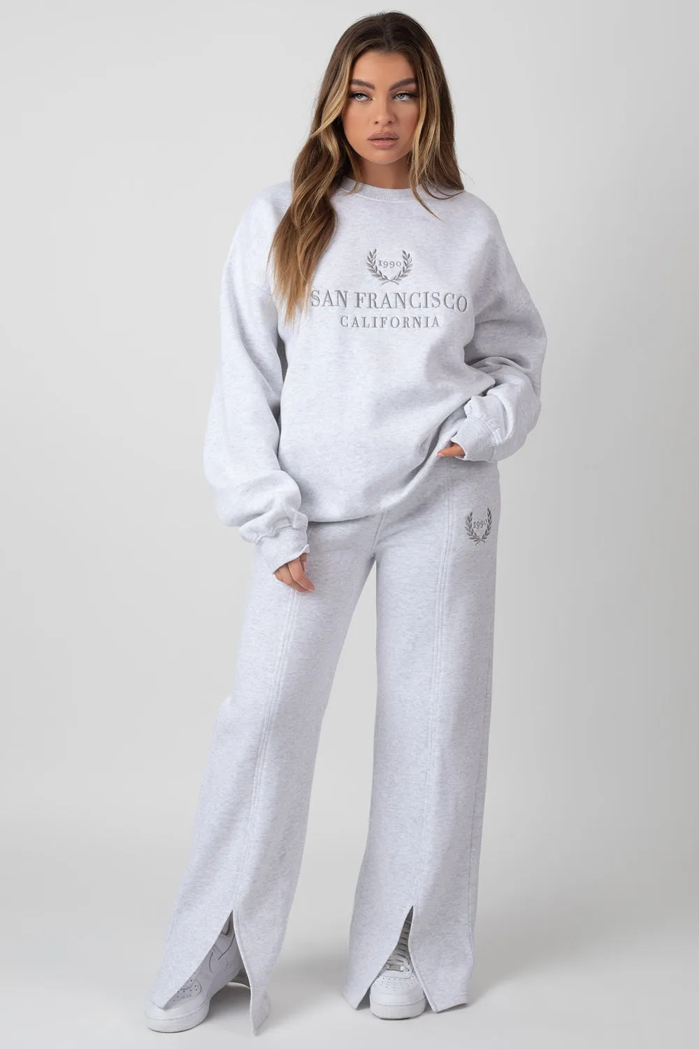 Oversized Fit Embroidered Split Front Joggers Oatmeal Marl sold by Public Desire