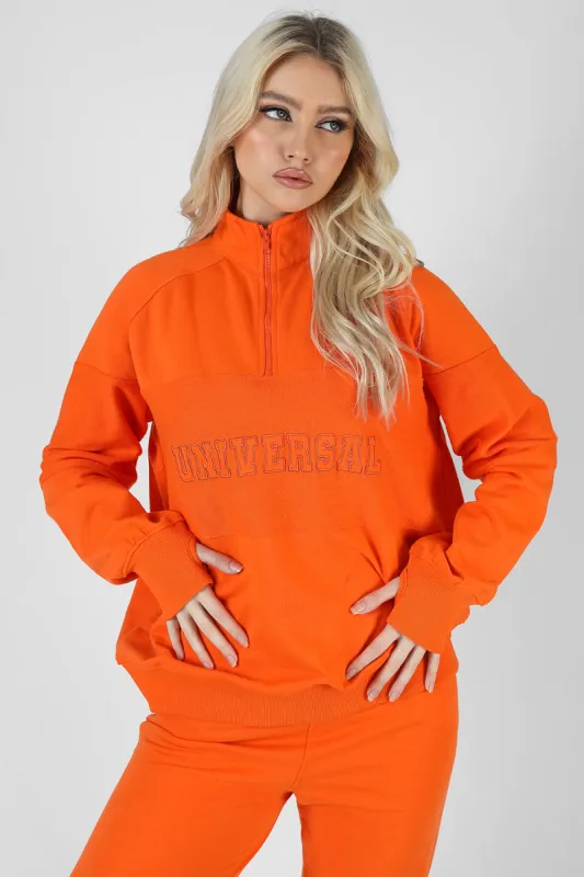 Universal Reverse Panel Half Zip Pullover Sweatshirt Orange sold by Public Desire