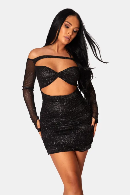 Glitter Mesh Cutaway Mini Dress Black sold by Public Desire