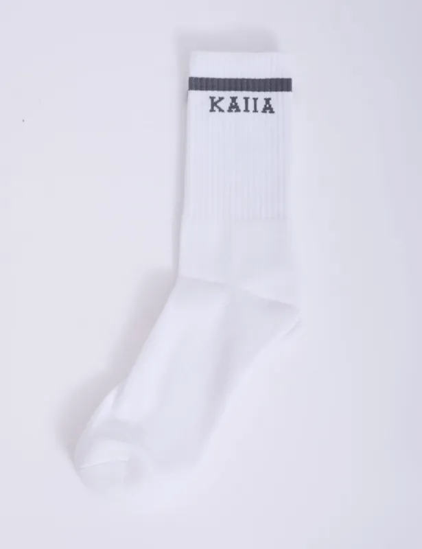 One Pair Kaiia Logo Sport Stripe Longline Socks White & Grey sold by Public Desire