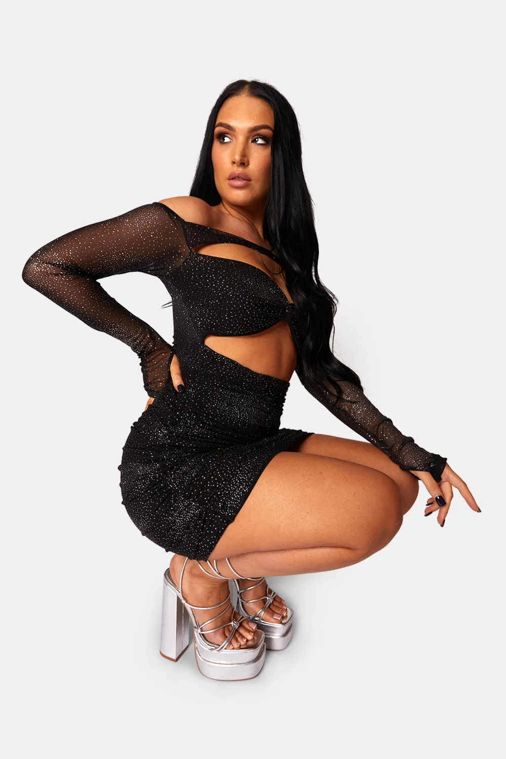 Glitter Mesh Cutaway Mini Dress Black sold by Public Desire product image thumbnail 4