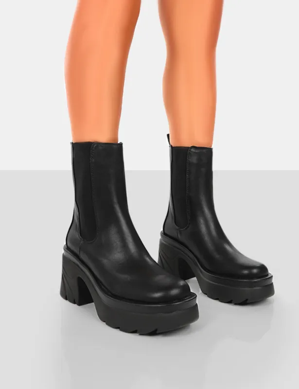 Step Up Black Drench PU Platform Chunky Sole Heeled Ankle Boots sold by Public Desire