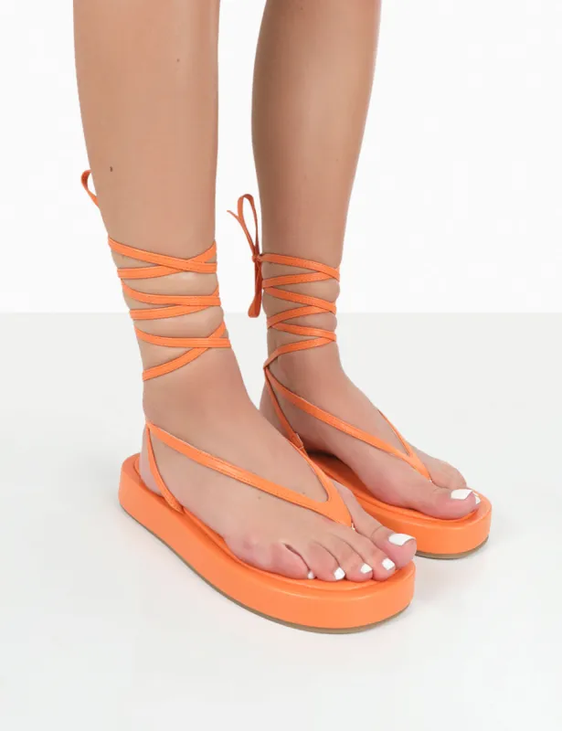 Beach Babe Orange Lace Up Toe Thong Flatform Sandals sold by Public Desire