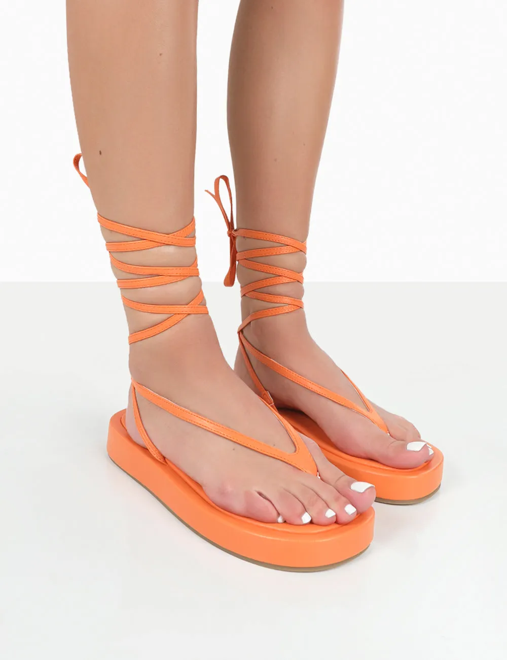 Beach Babe Orange Lace Up Toe Thong Flatform Sandals sold by Public Desire