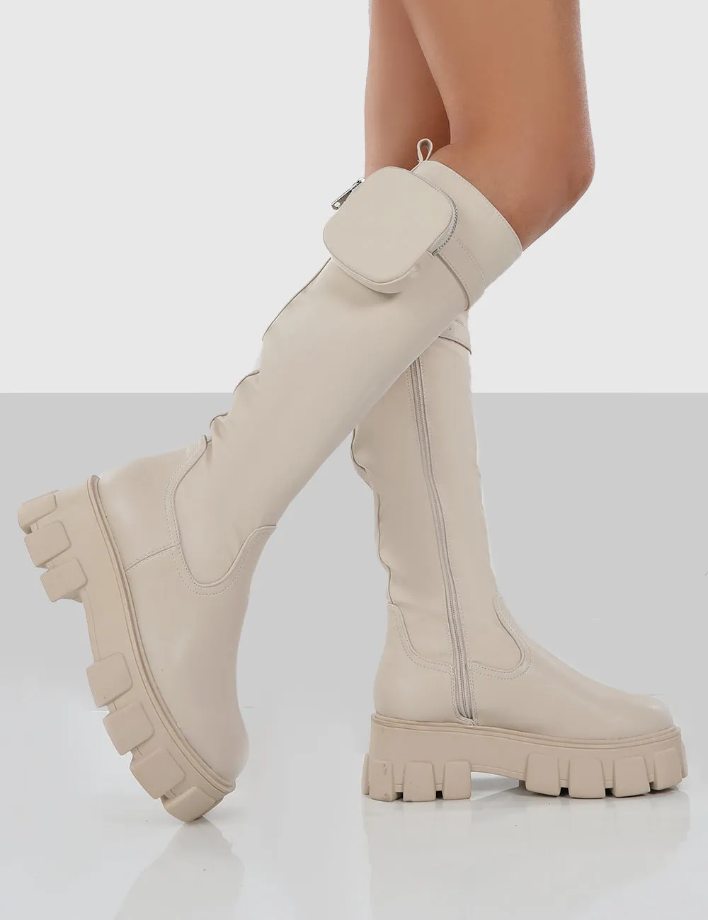 Showing Up Ecru PU Chunky Sole Pocket Detail Knee High Boots sold by Public Desire product image thumbnail 4