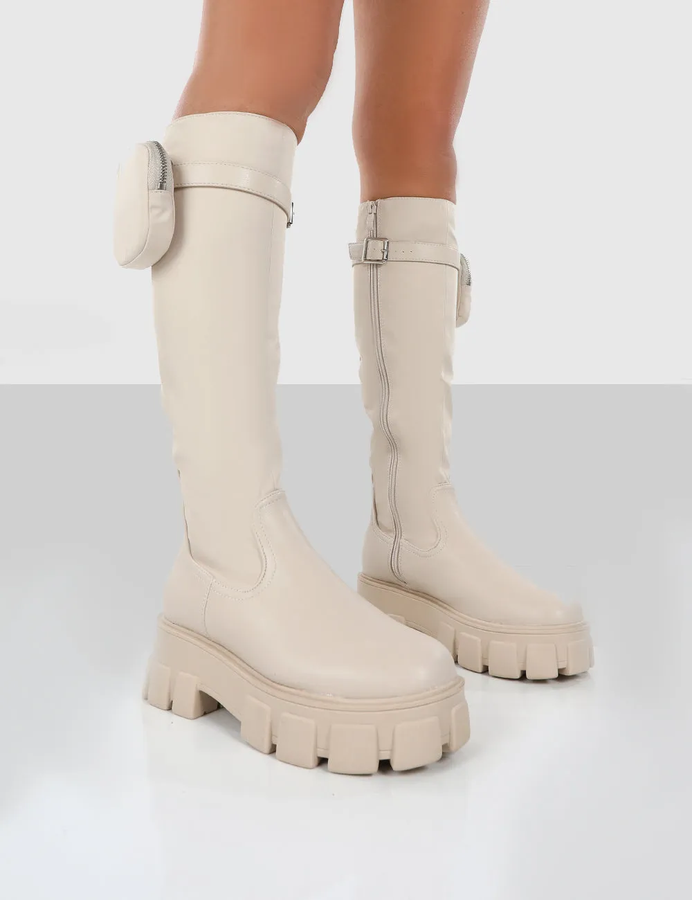 Showing Up Ecru PU Chunky Sole Pocket Detail Knee High Boots sold by Public Desire