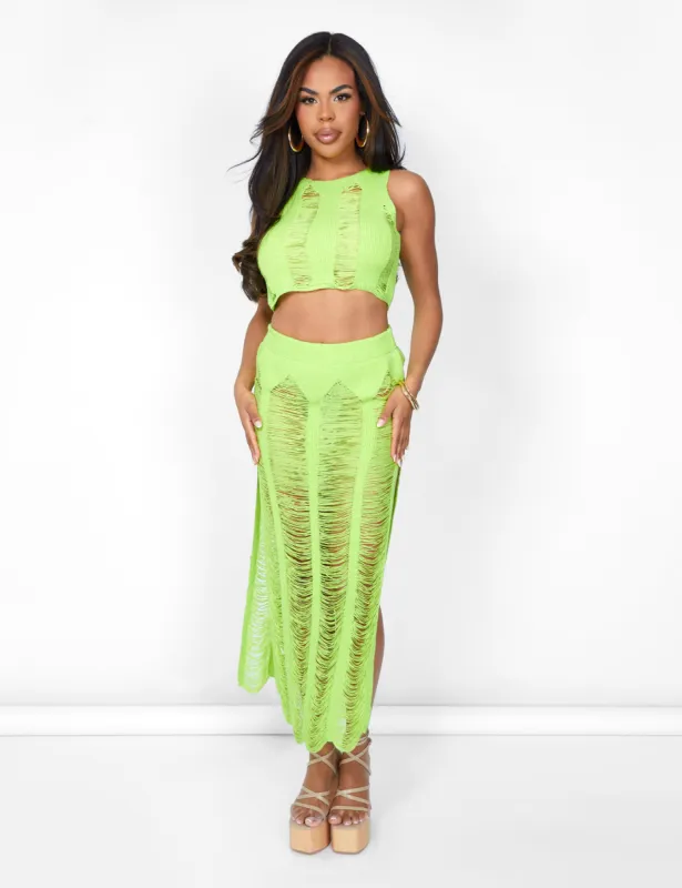 Ladder Detail Maxi Skirt Green sold by Public Desire