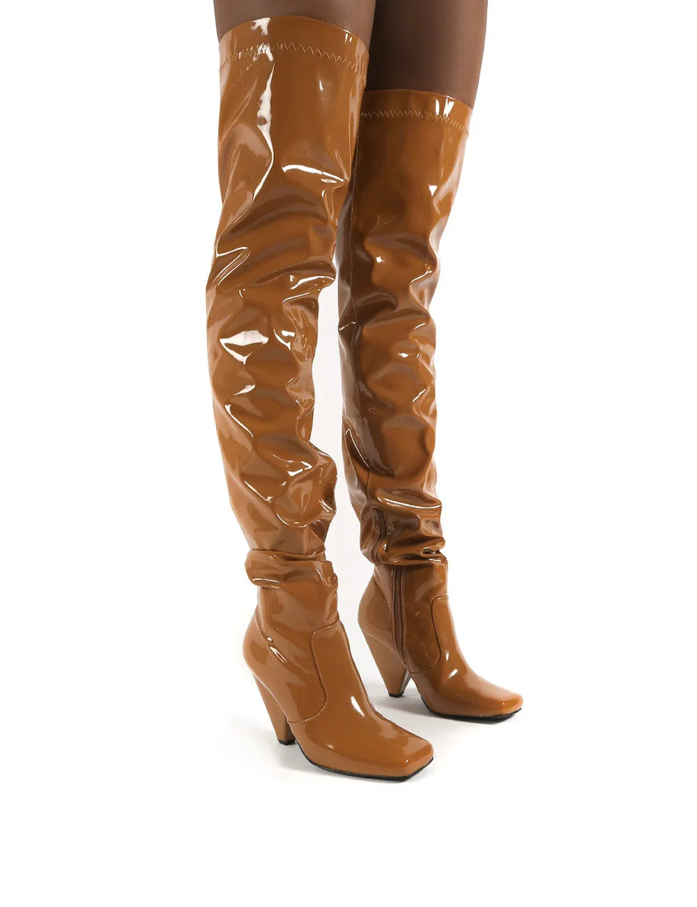 Conquer Camel Patent Thigh High Over The Knee Square Toe Cone Block Heeled Boots sold by Public Desire