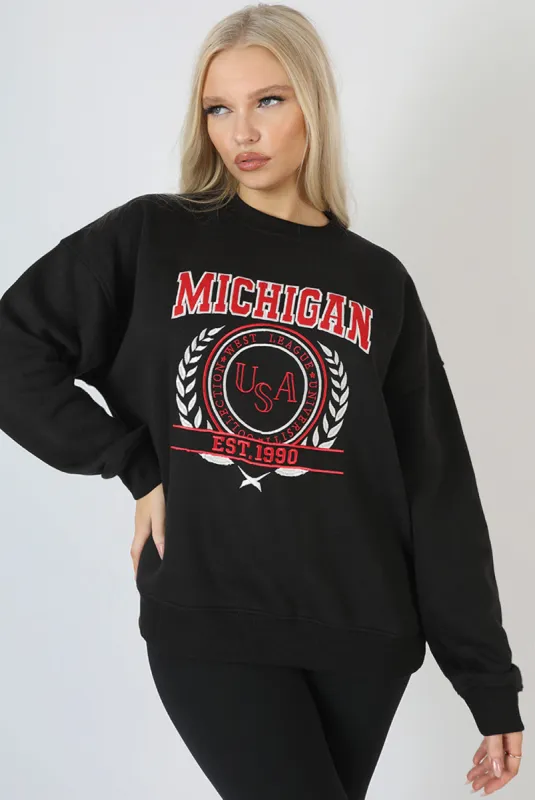Michigan Embroidered Slogan Oversized Sweatshirt Black sold by Public Desire