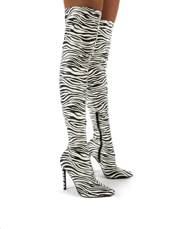 Confidence Zebra Stiletto Heeled Over the Knee Boots sold by Public Desire