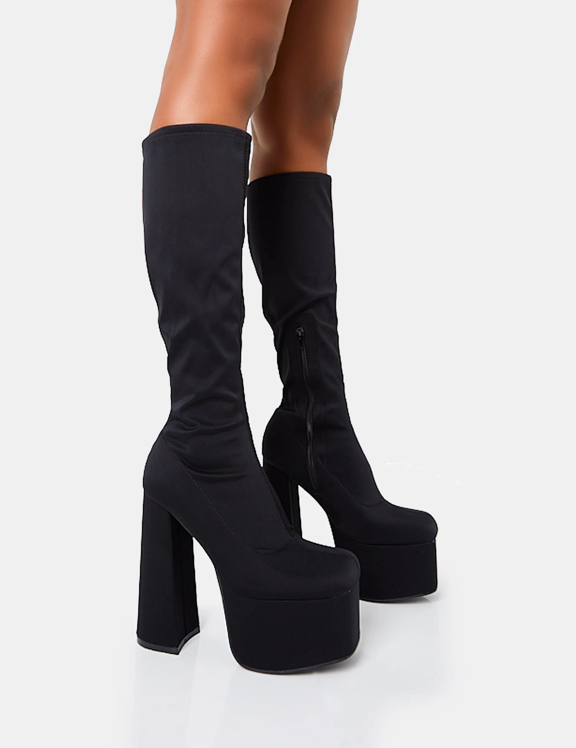 Polished Black Nylon Platform Rounded Block Heeled Knee High Boots sold by Public Desire
