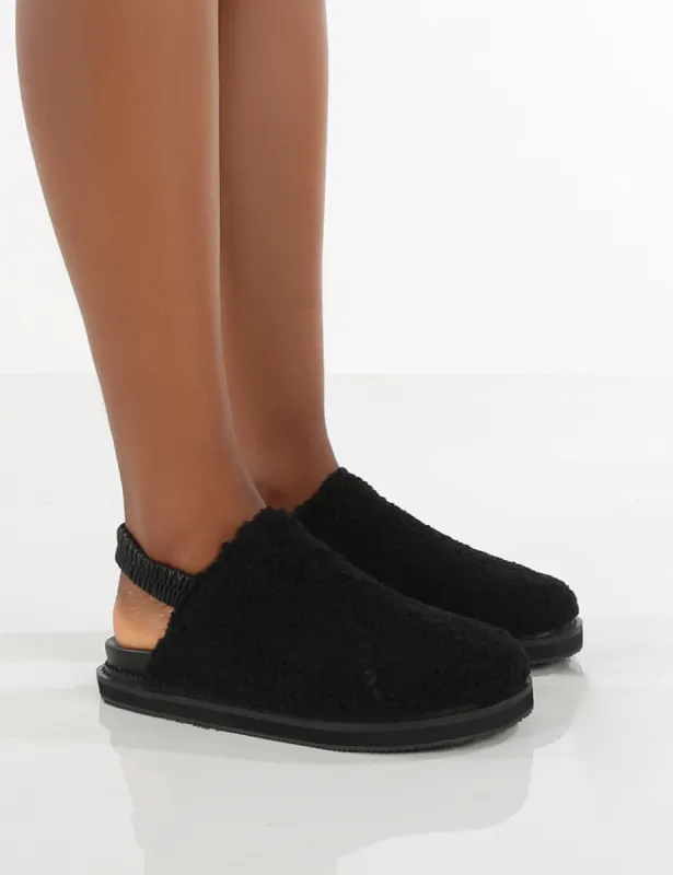 Fortune Black Fluffy Faux Fur Sling Back Slippers sold by Public Desire