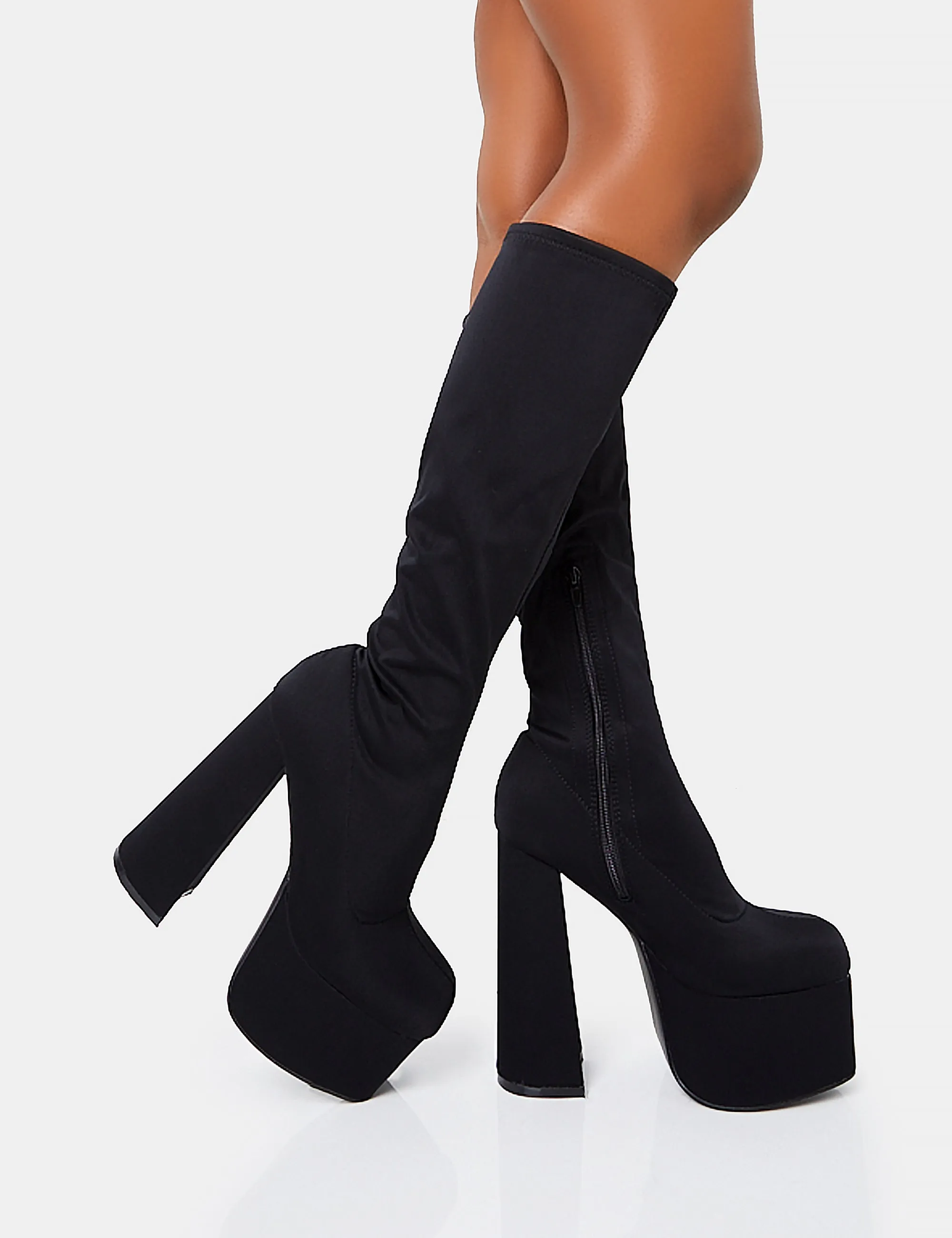 Polished Black Nylon Platform Rounded Block Heeled Knee High Boots sold by Public Desire product image thumbnail 2