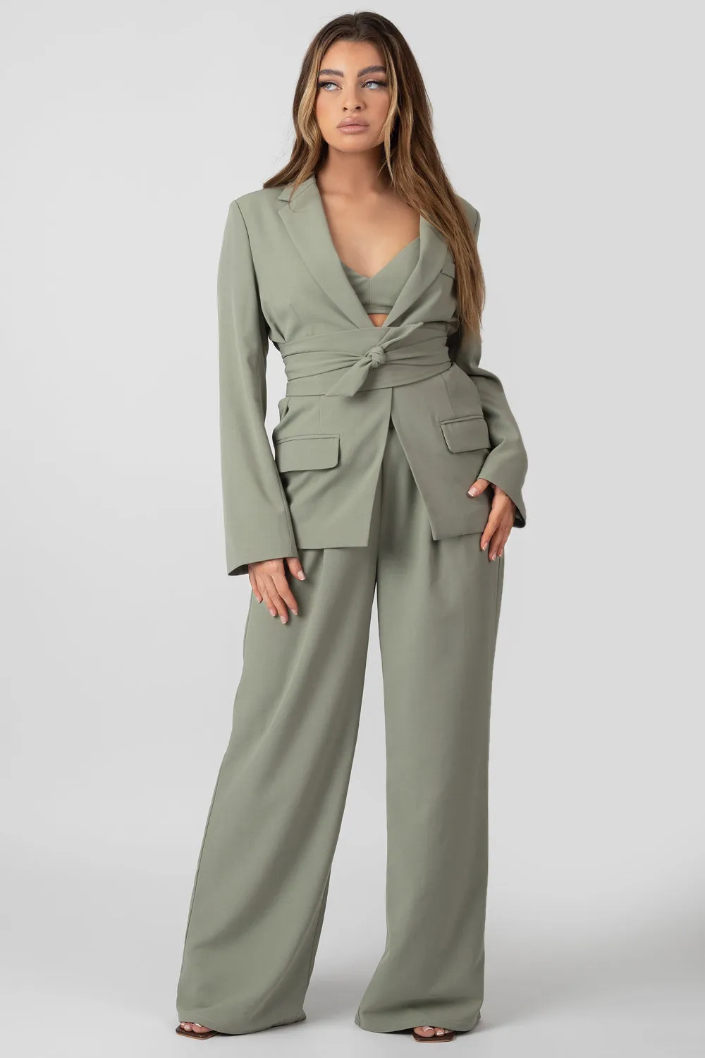 Premium Tie Waist Wide Leg Trousers Sage sold by Public Desire product image thumbnail 3