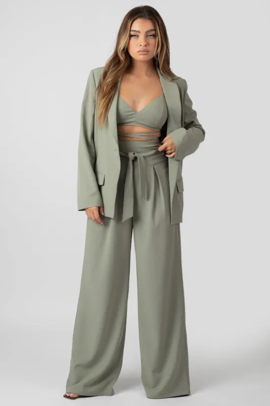 Premium Tie Waist Wide Leg Trousers Sage sold by Public Desire
