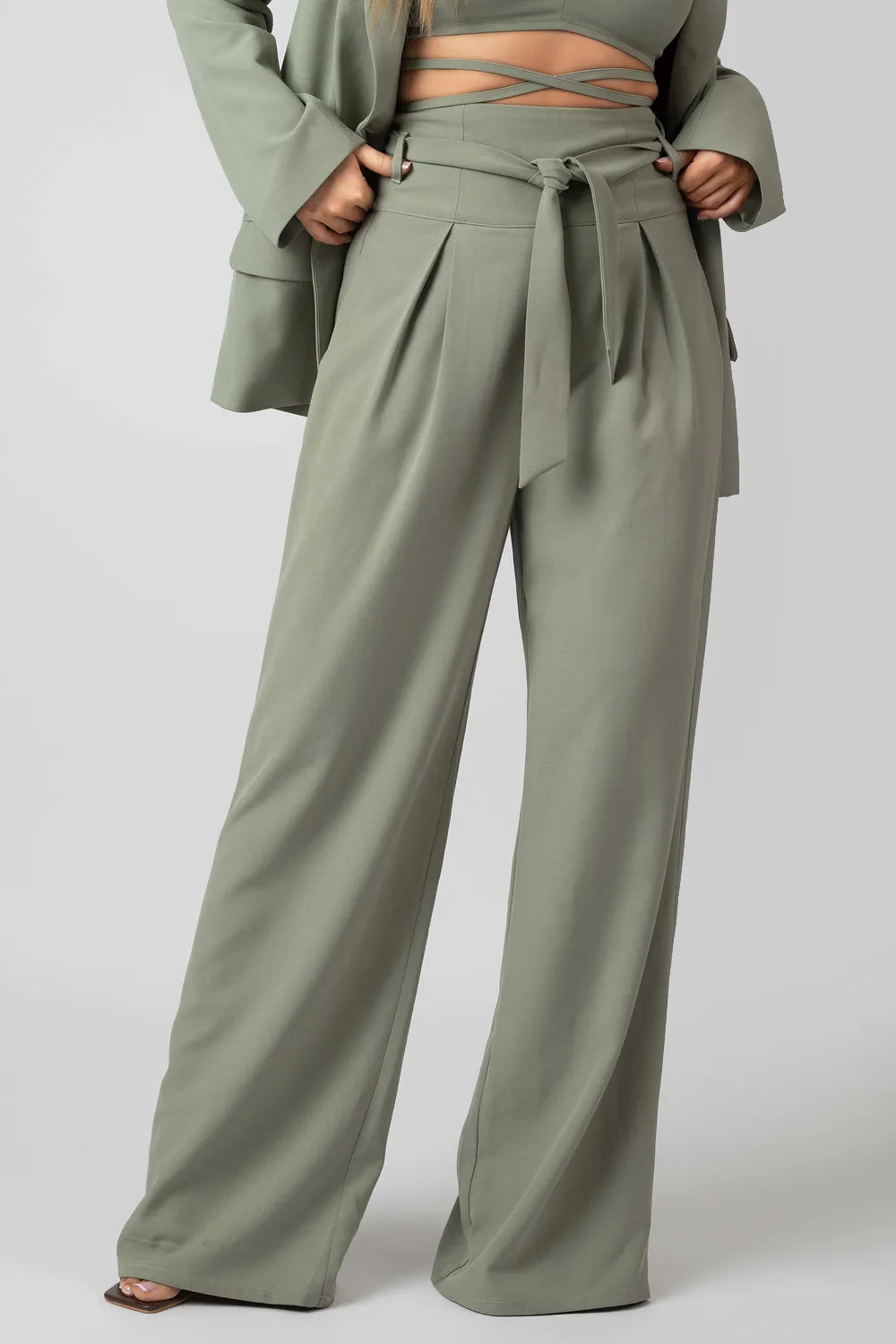 Premium Tie Waist Wide Leg Trousers Sage sold by Public Desire product image thumbnail 2