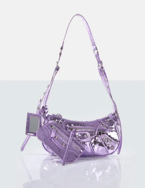 The Trackstar Metallic Purple Croc Pu Studded Mirror Zip Detail Handbag sold by Public Desire
