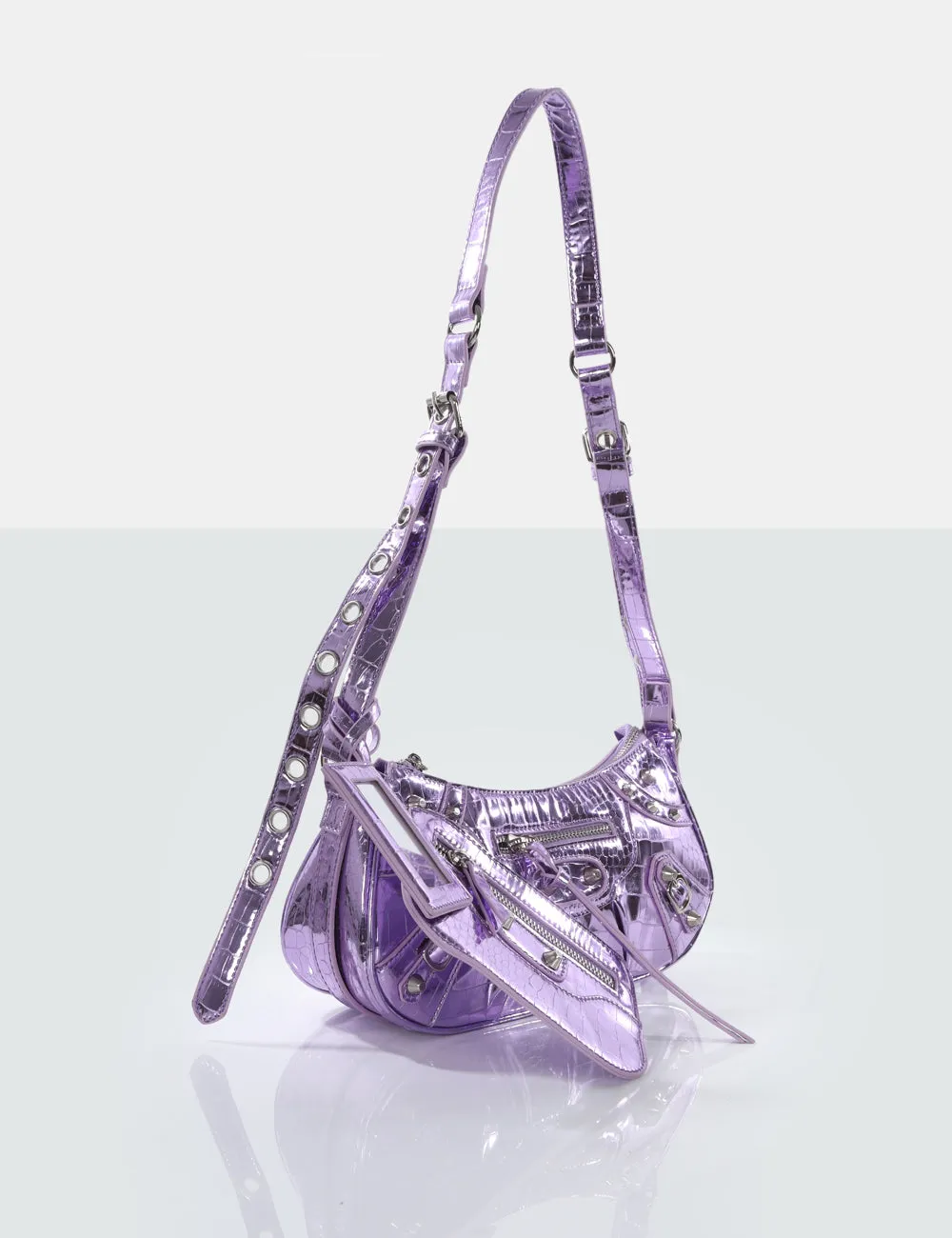 The Trackstar Metallic Purple Croc Pu Studded Mirror Zip Detail Handbag sold by Public Desire product image thumbnail 3
