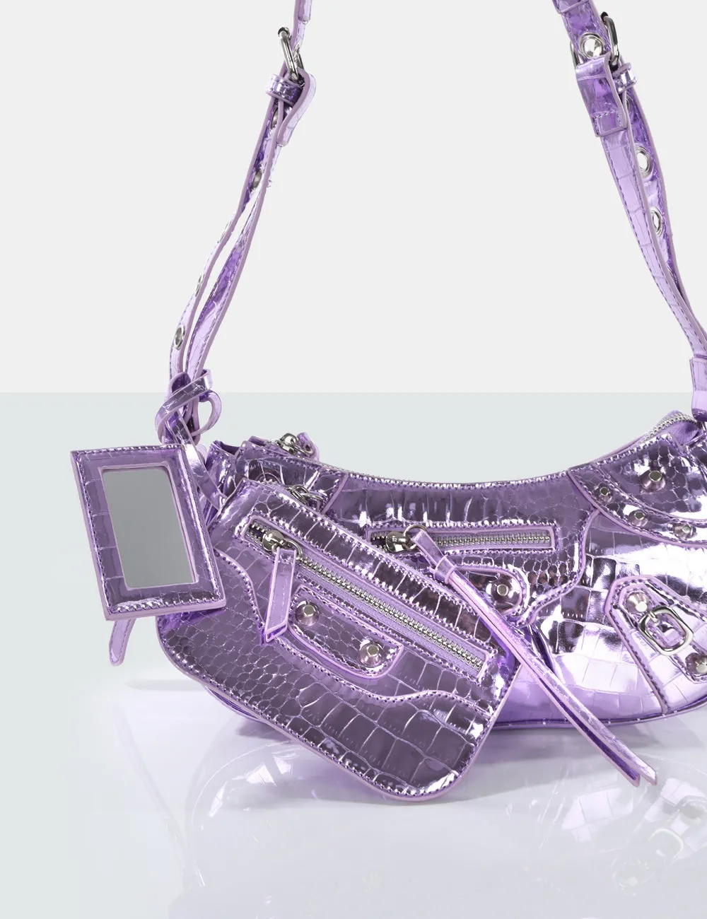 The Trackstar Metallic Purple Croc Pu Studded Mirror Zip Detail Handbag sold by Public Desire product image thumbnail 2