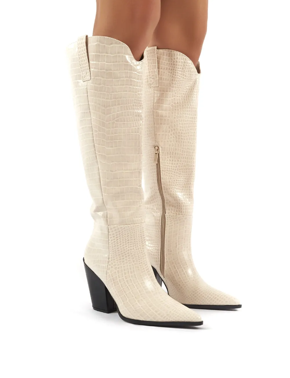 Grenade Beige Croc Western Heeled Knee High Boots sold by Public Desire product image thumbnail 4