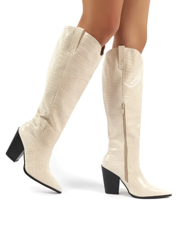 Grenade Beige Croc Western Heeled Knee High Boots sold by Public Desire