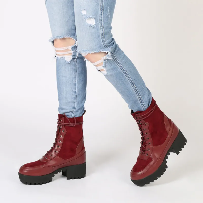 Khloe Chunky Sole Lace Up Ankle Boot in Bordeaux sold by Public Desire