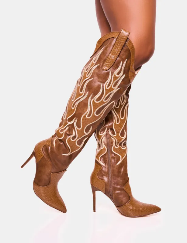 Jacksonville Brown Flame Motif Western Heeled Over the Knee Boot made by Public Desire
