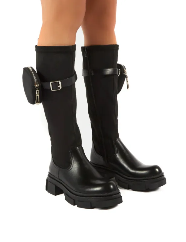 Generate Black Chunky Sole Knee High Pouch Boots sold by Public Desire