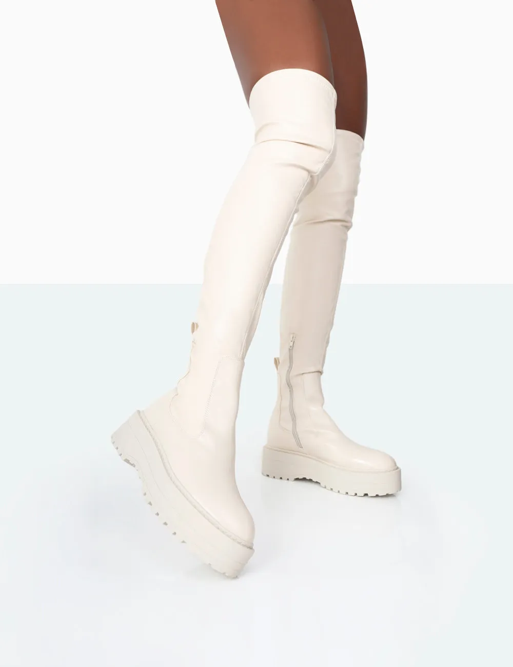 Pheonixe Ecru Pu Chunky Sole Round Toe Over The Knee Boots sold by Public Desire product image thumbnail 2