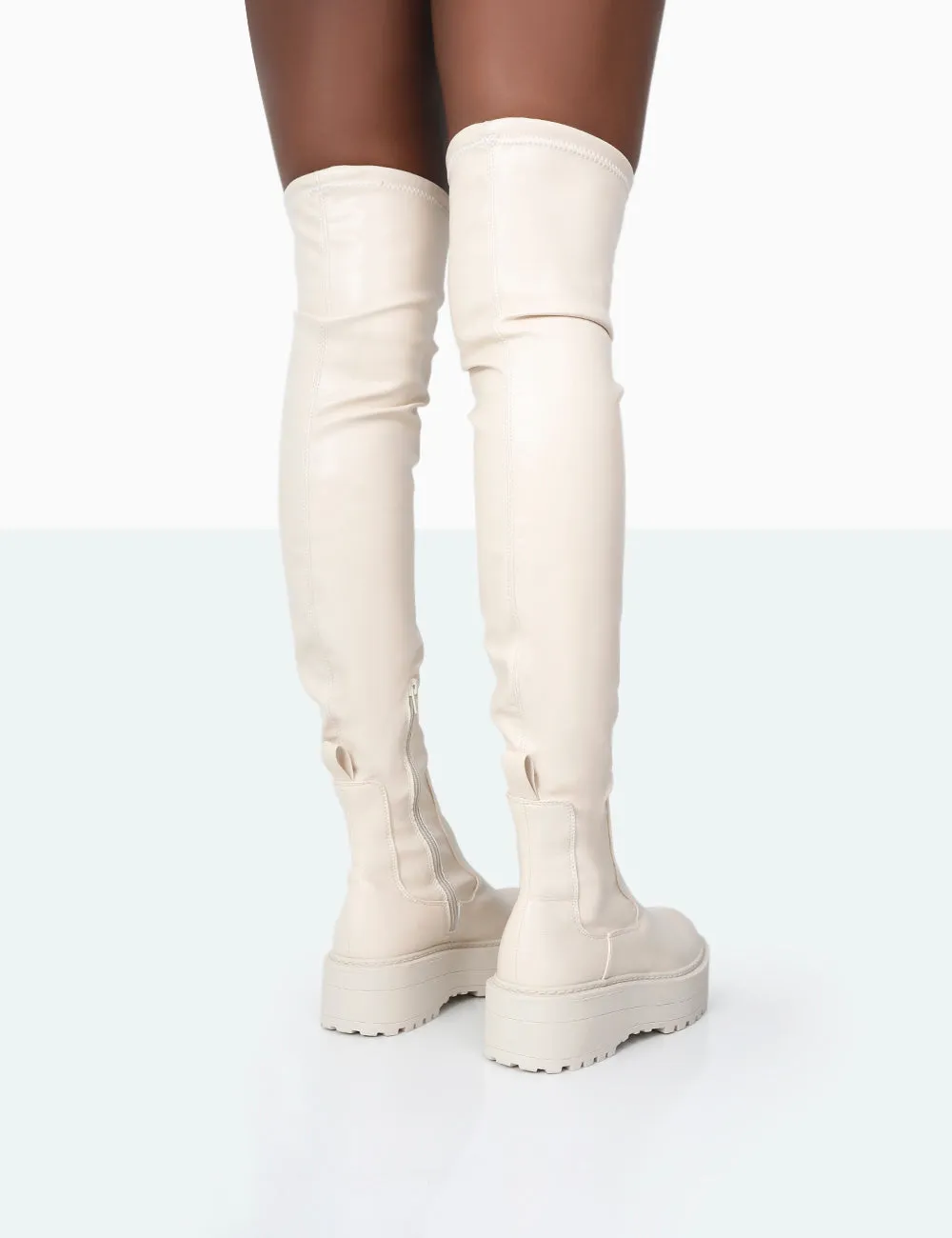 Pheonixe Ecru Pu Chunky Sole Round Toe Over The Knee Boots sold by Public Desire product image thumbnail 4