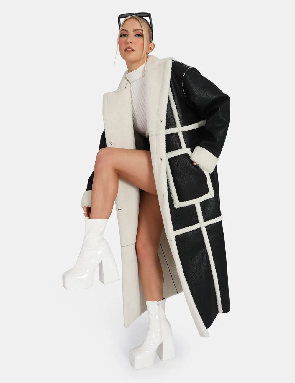 Borg Trimmed Longline Aviator Coat Black and White sold by Public Desire