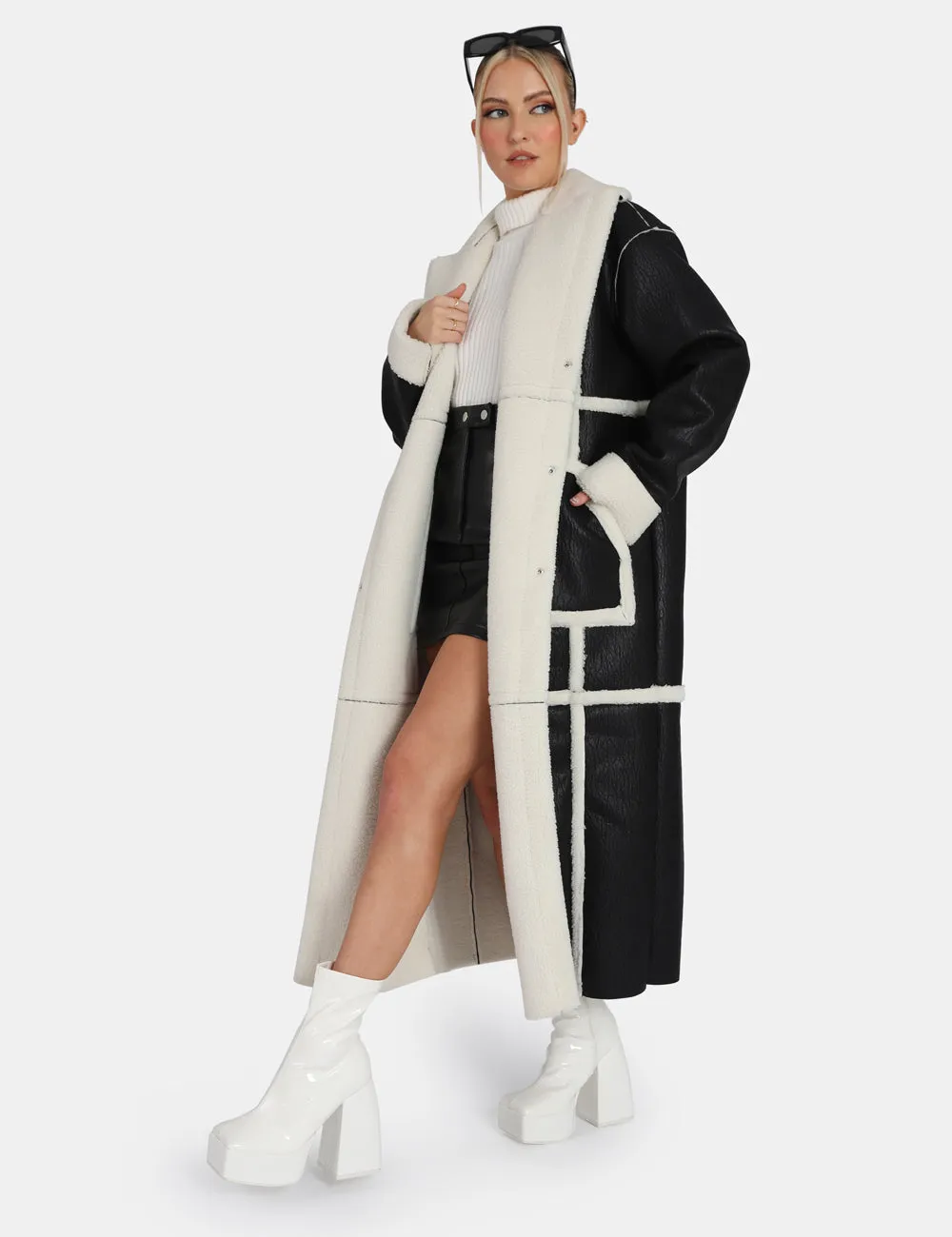 Borg Trimmed Longline Aviator Coat Black and White sold by Public Desire product image thumbnail 3