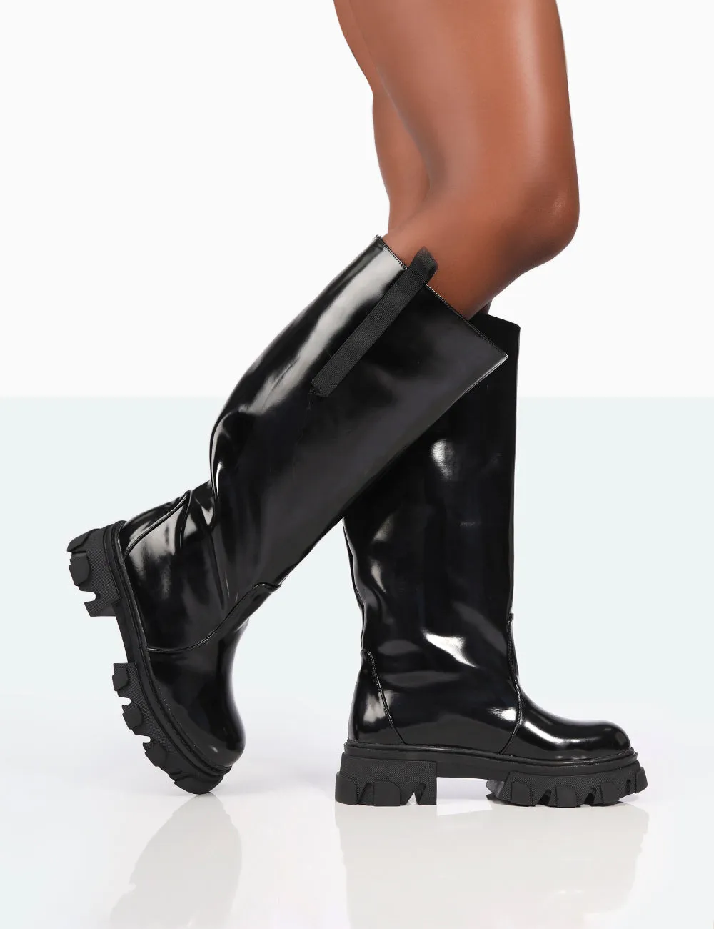 Genius Wide Fit Black Box Patent Knee High Chunky Sole Boots sold by Public Desire