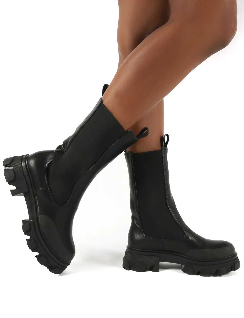 Boston Black Wide Fit Calf High Chunky Sole Boots sold by Public Desire product image thumbnail 3