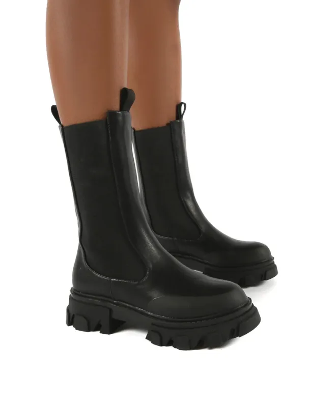 Boston Black Wide Fit Calf High Chunky Sole Boots sold by Public Desire