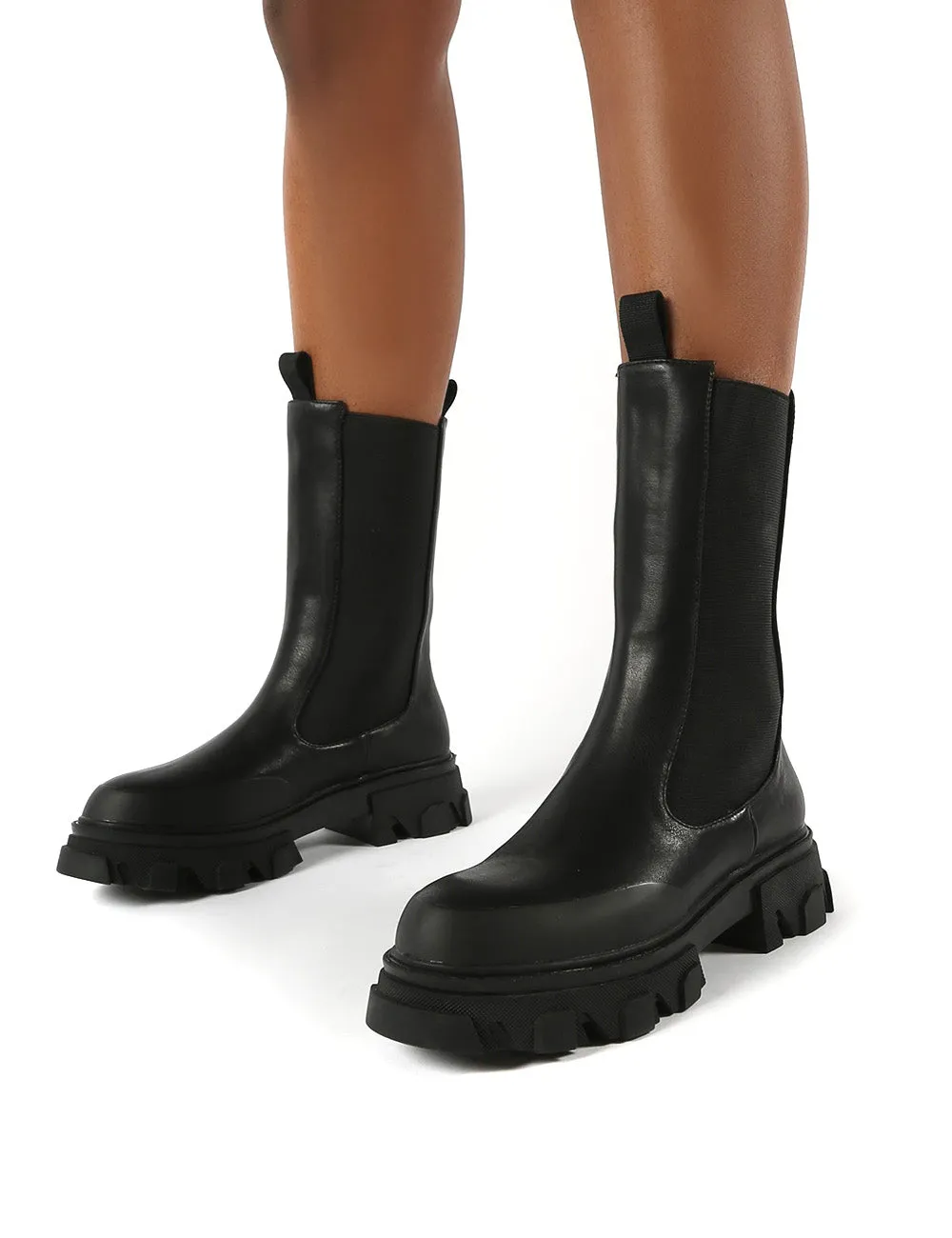 Boston Black Wide Fit Calf High Chunky Sole Boots sold by Public Desire product image thumbnail 4