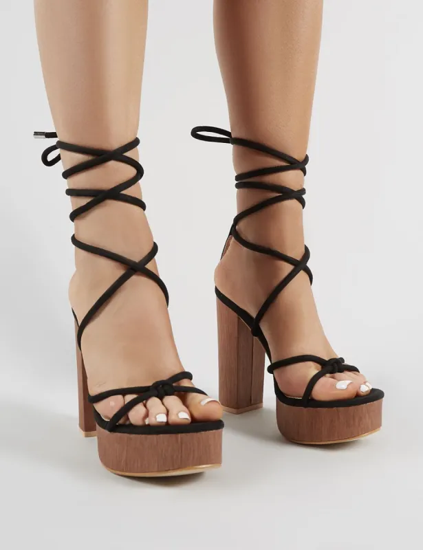 Strut Lace Up Block Heels in Black Faux Suede sold by Public Desire