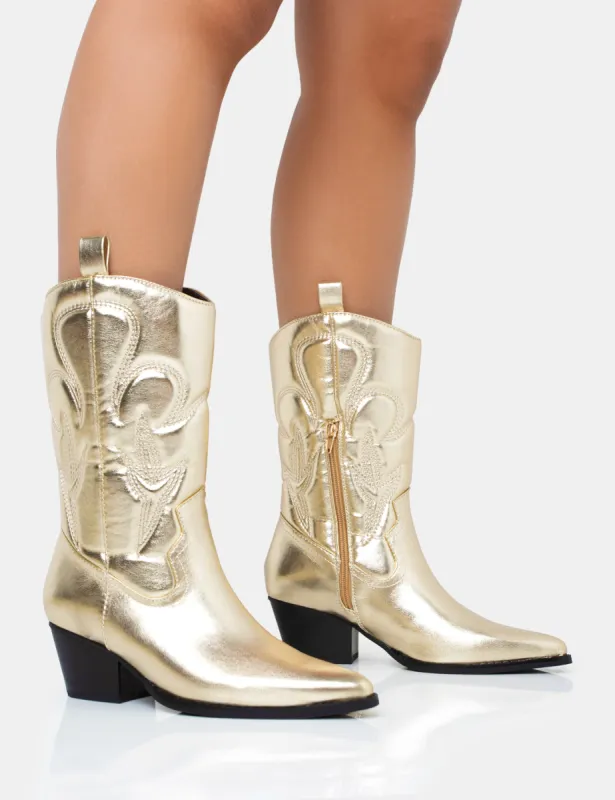 Calabasas Gold Western Embroidered Knee High Pointed Toe Cowboy Boots sold by Public Desire