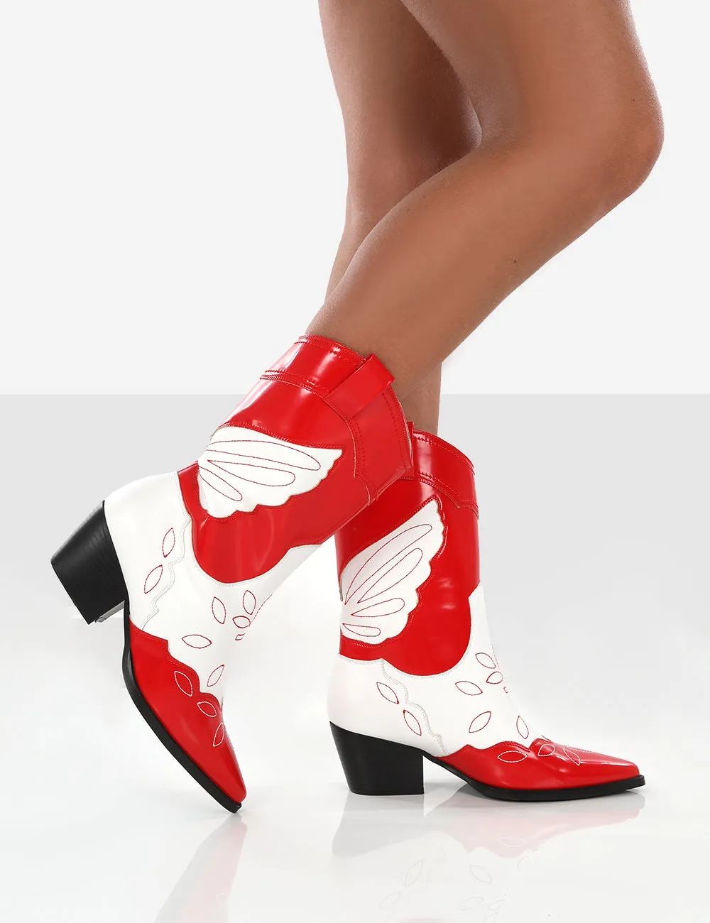 Howdy Red Patent Pointed Toe Western Cowboy Block Ankle Boots sold by Public Desire product image thumbnail 3
