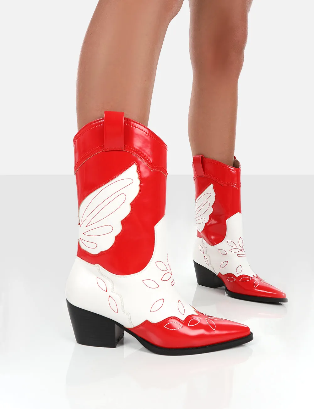 Howdy Red Patent Pointed Toe Western Cowboy Block Ankle Boots sold by Public Desire